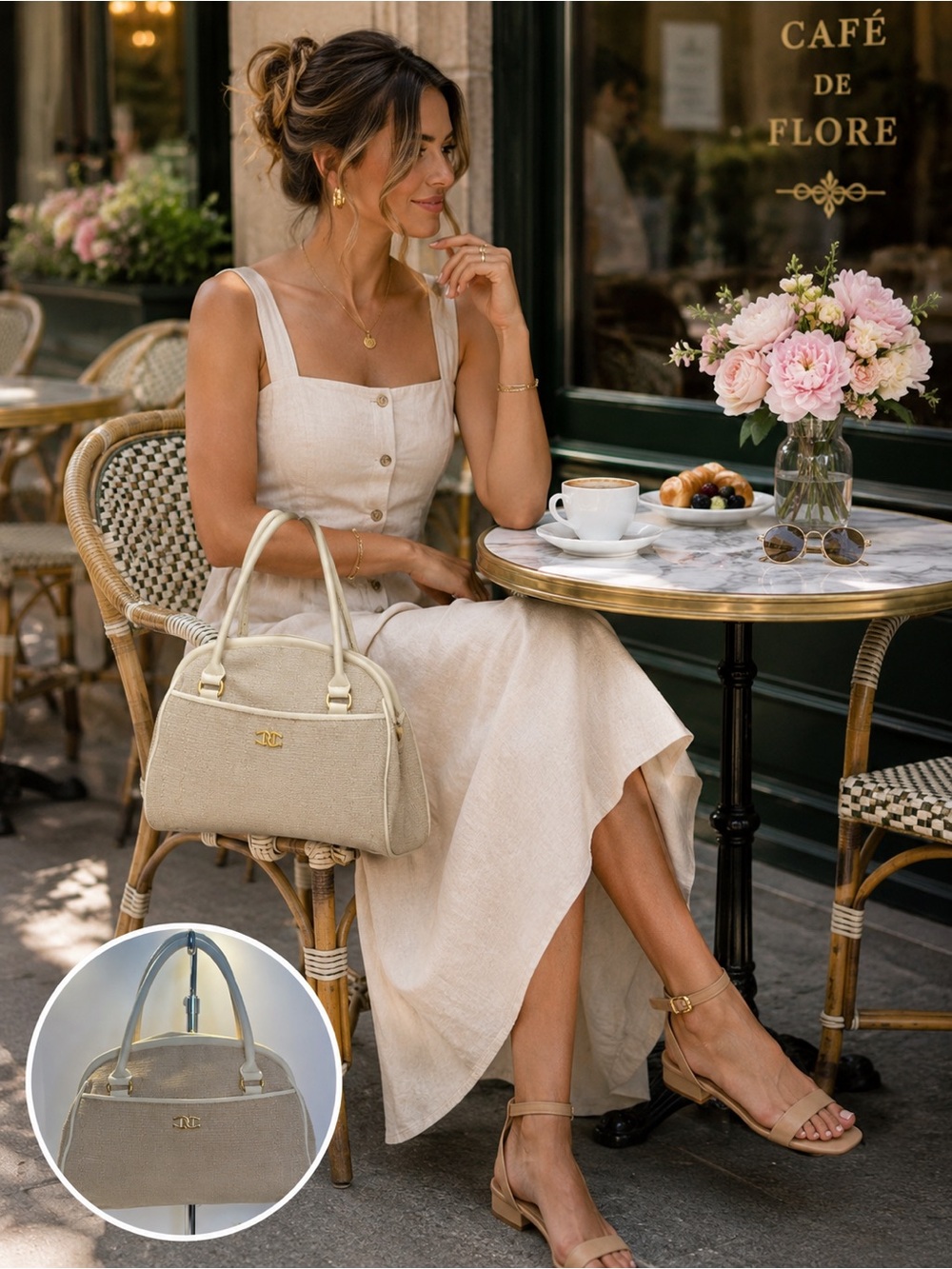 Etienne Aigner Cream Canvas & Leather Shoulder Bag Vintage Chic Satchel Purse